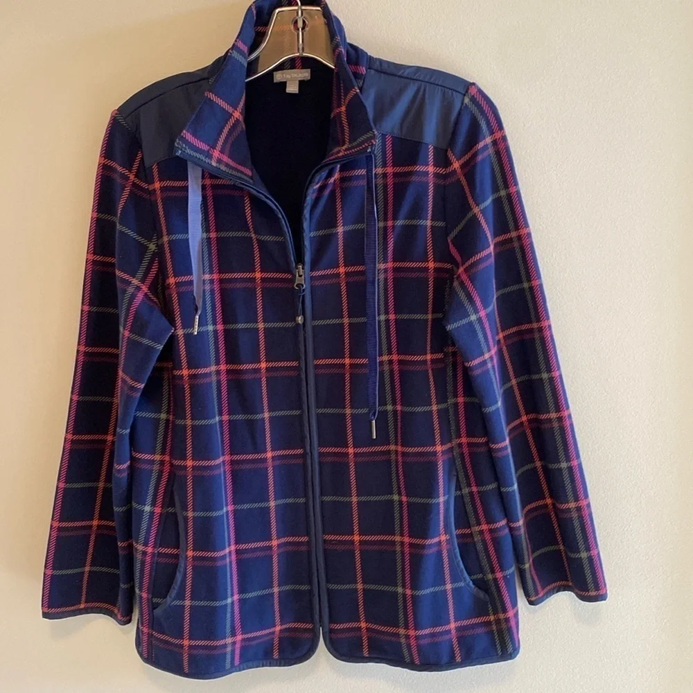 T by Talbots navy orange pink plaid cotton blend casual jacket zip closure MP